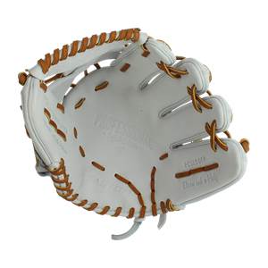 Top-down view of a white softball glove with tan lacing and PROFESSIONAL embossed on the palm.
