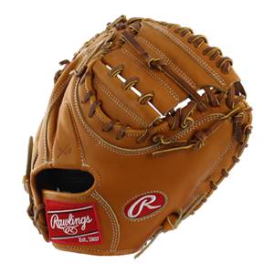 Front view of a tan Rawlings catchers mitt with a red Rawlings logo and a white R logo.