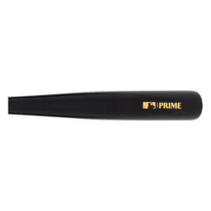 Side view of a black baseball bat with a glossy finish and gold MLB logo and PRIME text on the barrel.