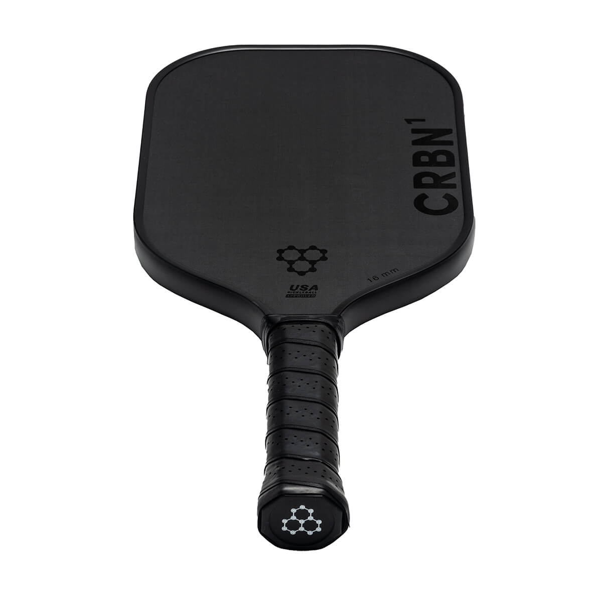 Top-down view of a black pickleball paddle with CRBN¹ branding and a honeycomb logo.