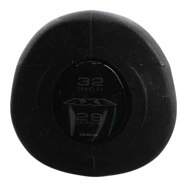 End cap view of a black baseball bat with 32 INCH, AXE, 29 OUNCE, and CHINA text.