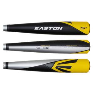 Three views of a black, yellow, and silver Easton S3 BBCOR baseball bat with visible branding.