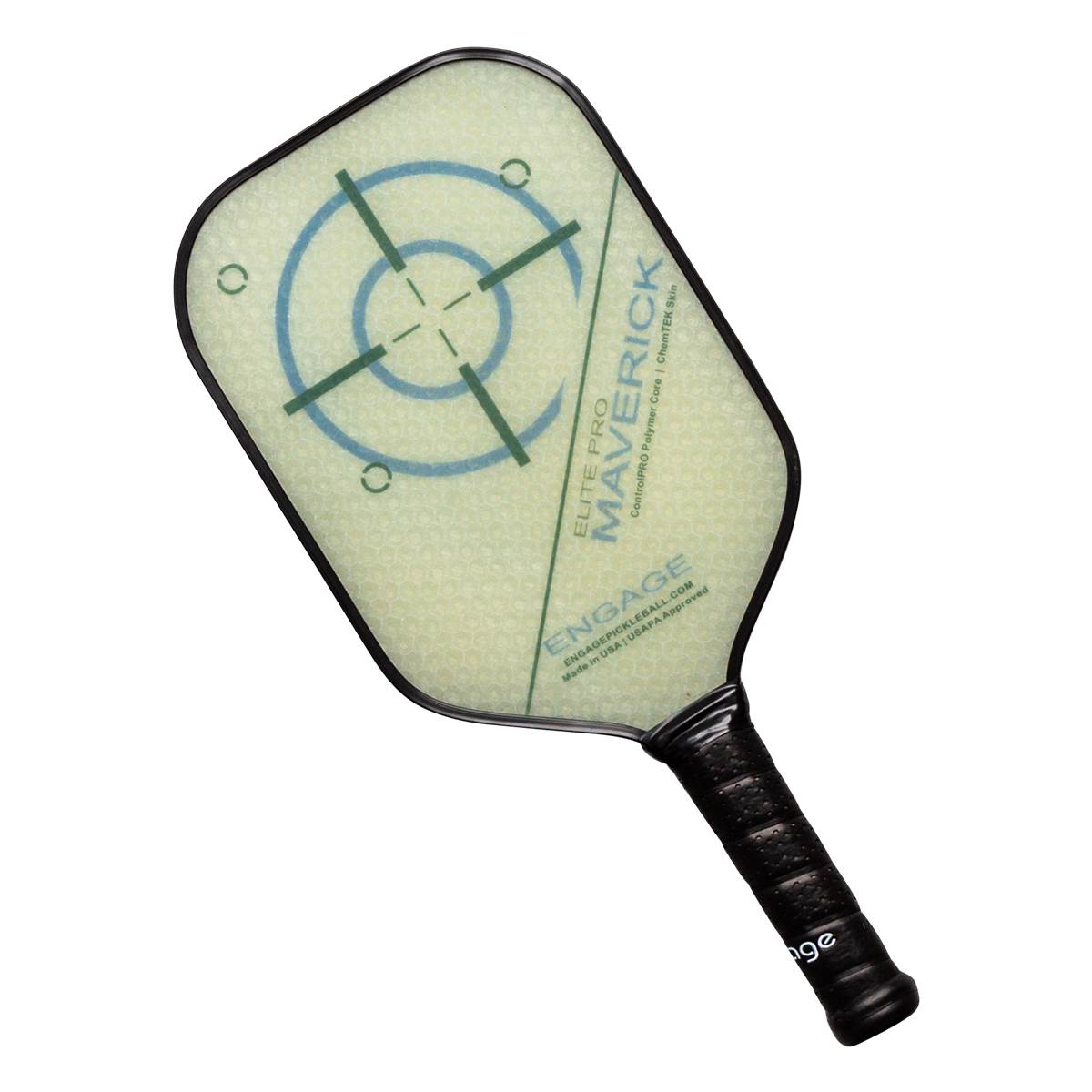 Top-down view of a light green pickleball paddle with a target design and Maverick text.
