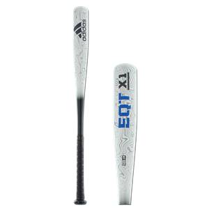 Side view of a white baseball bat with black Adidas logo and blue EQT X1 text.