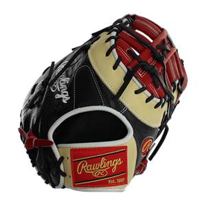Corner view of a black, red, and tan Rawlings first base mitt with a textured palm and red Rawlings logo patch.