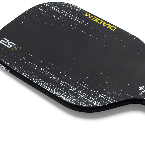 Top-down view of a black pickleball paddle with white speckle pattern and yellow DIADEM branding.