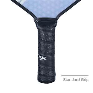 Close-up of a black pickleball paddle grip with Engage text and a textured surface.