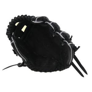 Inside view of a black baseball glove with white lacing and a bull logo.