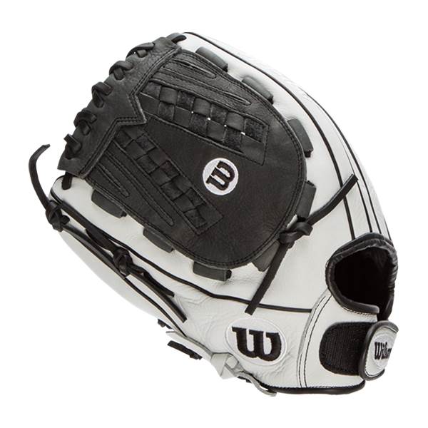 Side view of a white and black softball glove with a woven web and Wilson branding.
