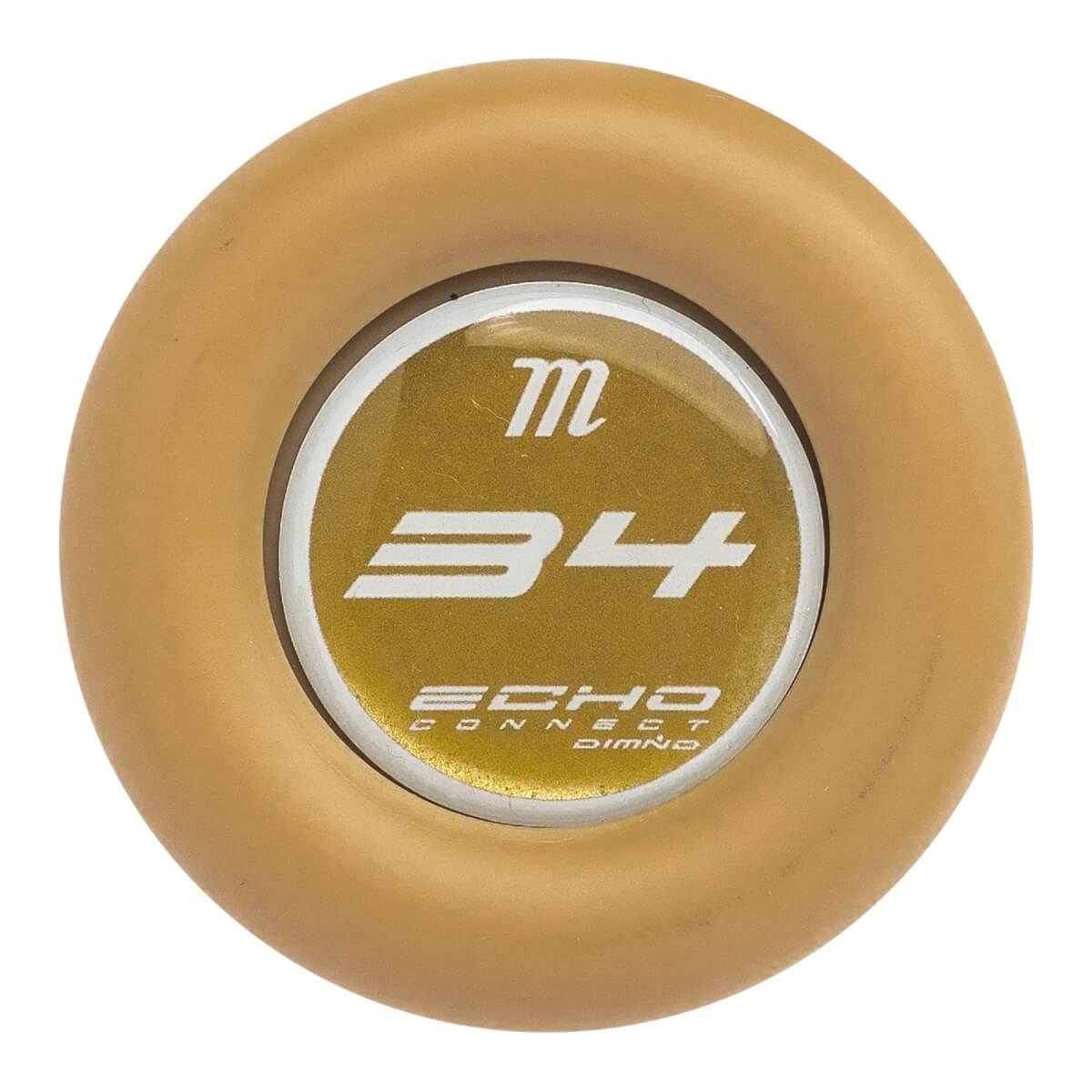 End view of a gold Marucci Echo Connect DMND -8 fastpitch softball bat with m, 34, and ECHO CONNECT DIMND branding.