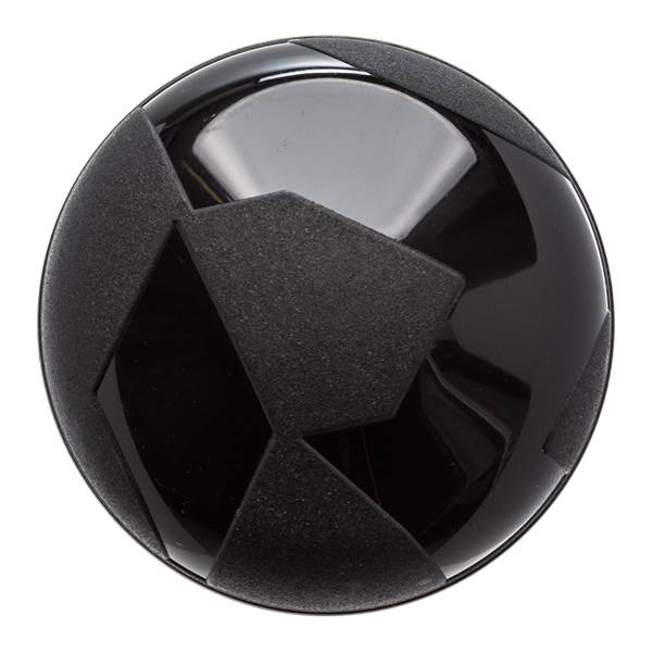 Top-down view of a black baseball bat end cap with a textured grip and glossy finish.