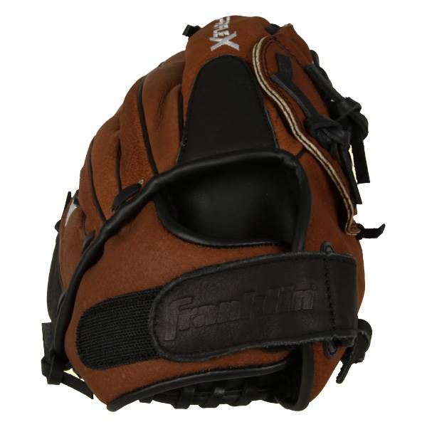Side view of a brown baseball glove with black accents and Franklin embossed on the wrist strap.