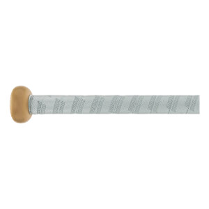 Side view of a softball bat handle with a tan knob and white perforated grip tape displaying repeated Marucci text.