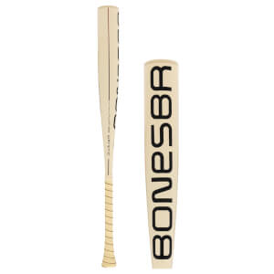 Side view and close-up of a cream baseball bat with a wrapped grip, WARSTIC text, and large black BONESBR on the barrel.