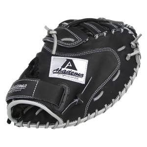 Front view of a black catchers mitt with white stitching and an Akadema Professionals logo patch.