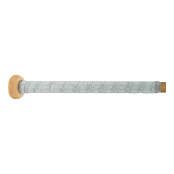 Side view of a tan and gray fastpitch softball bat with a textured grip.