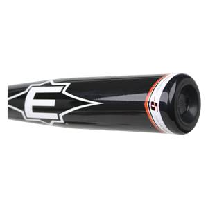 Side view of a black Easton Stealth Speed baseball bat with a white E logo and orange end cap.
