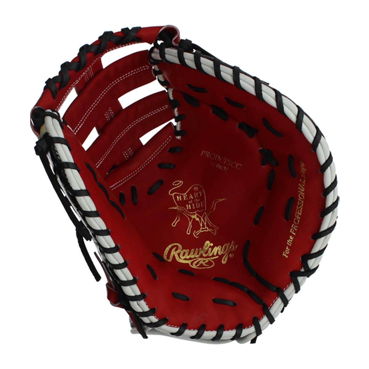 Top-down view of a red Rawlings first base mitt with black and white lacing and gold branding.