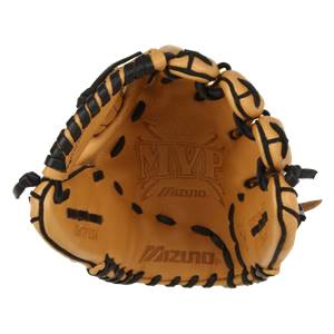 Interior view of a tan Mizuno MVP Series baseball glove with black lacing and embossed MVP and Mizuno logos.