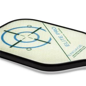 Top-down view of a white pickleball paddle with blue target and green lines, ELITE PRO and ENGAGE text.