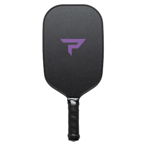 Front view of a black pickleball paddle with a purple P logo and textured grip.