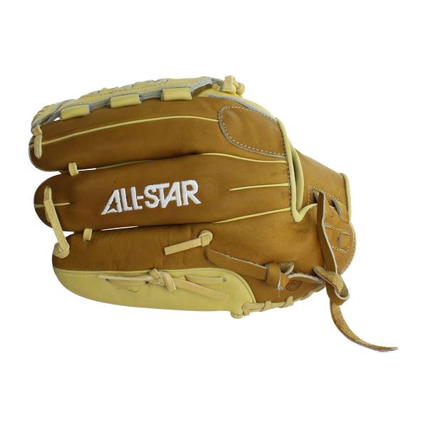 Side view of a tan softball glove with yellow accents and ALL-STAR branding.