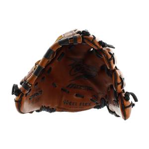 Top-down view of a brown baseball glove with black lacing and Mizuno branding.