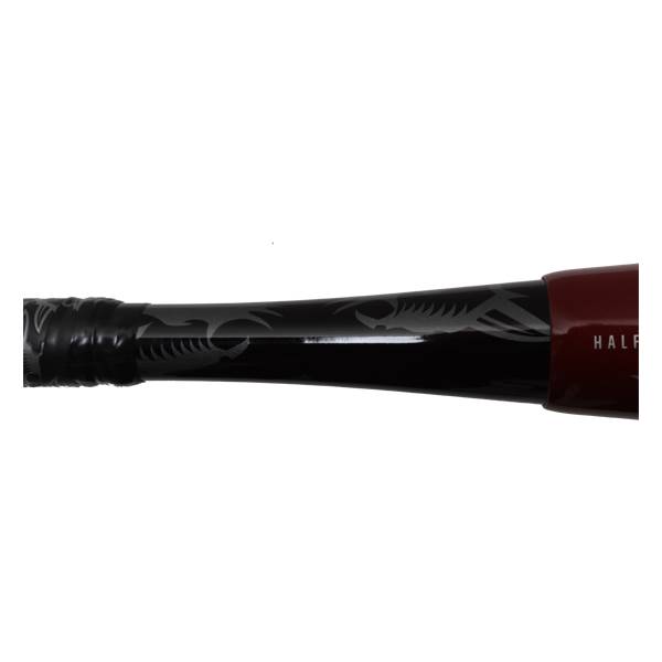 Side view of a black baseball bat with tribal graphics and HALF text.