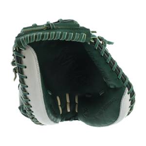 Top-down view of a green and white baseball glove with MVP PRIME embossed inside and PRO-STOCK on the side.