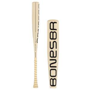 Side view of a cream baseball bat with a textured grip and WARSTIC on the handle, plus a close-up of the barrel showing BONESABER.