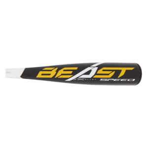 Side view of a black baseball bat with yellow BEAST and SPEED text.