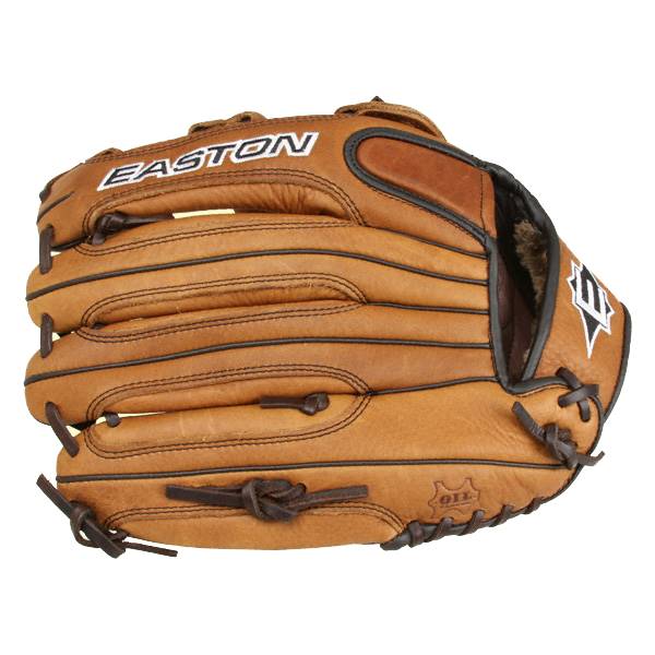 Front view of a tan Easton baseball glove with black lacing and a white logo.