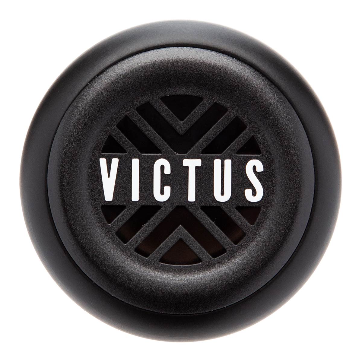 End view of a black baseball bat with a textured cap and white VICTUS text.