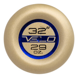 End view of a gold baseball bat with a blue circular logo showing VELO and 32 29 OZ.