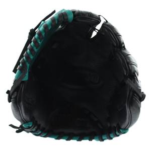 Top-down view of a black baseball glove with teal lacing and a Wilson logo.