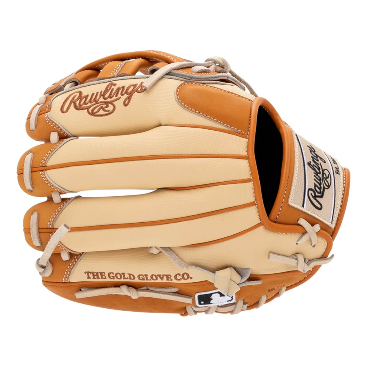 Front view of a tan baseball glove with tan lacing and Rawlings and THE GOLD GLOVE CO. text.
