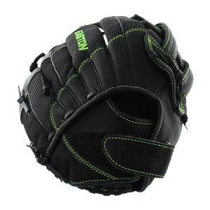 Top-down view of a black softball glove with neon green stitching and EASTON text.