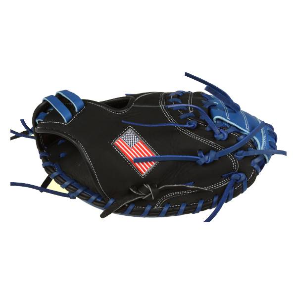 Top-down view of a black catchers mitt with blue lacing and an American flag patch.