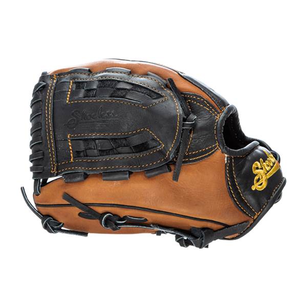 Side view of a brown and black baseball glove with Shoeless branding and tan stitching.