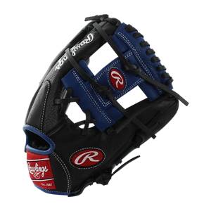 Side view of a black baseball glove with blue accents and red Rawlings branding.