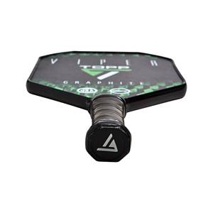 Top-down view of a black pickleball paddle with green checkered pattern and TOPP VIPER GRAPHITE text.