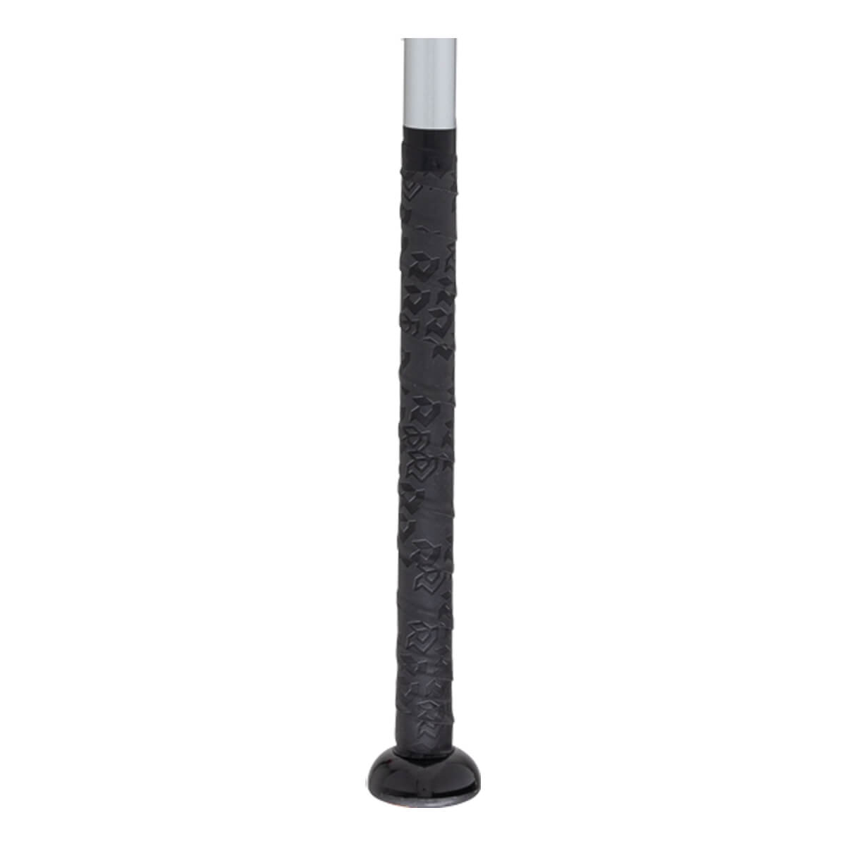Close-up of a black softball bat grip with a floral pattern and a silver handle.
