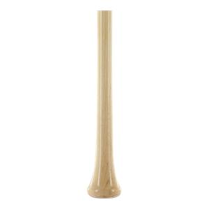 Close-up of a light wood baseball bat with a flared knob and smooth finish.
