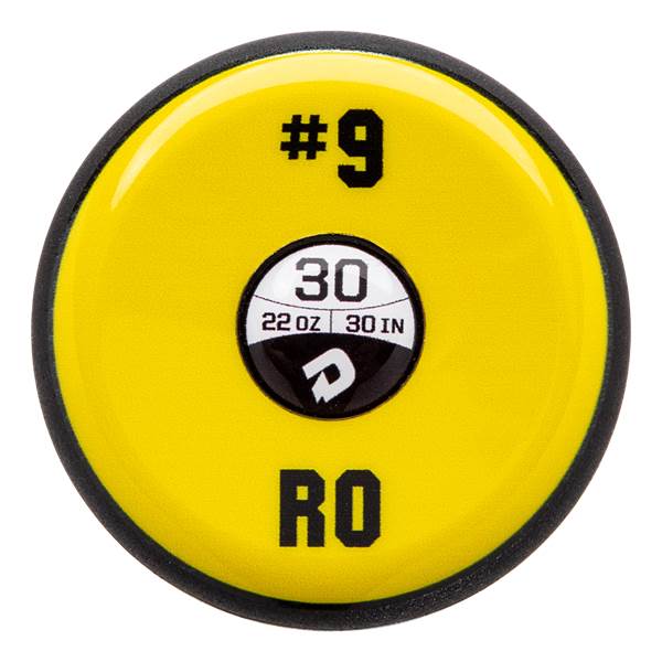 End view of a yellow baseball bat with #9, 30, 22 OZ, 30 IN, RO, and a DeMarini logo.