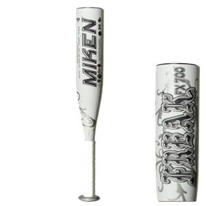Side view of a white Miken softball bat with tribal graphics and FX 700 text.