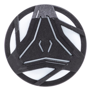 Top-down view of a black bat end cap with a geometric triangular design and textured surface.