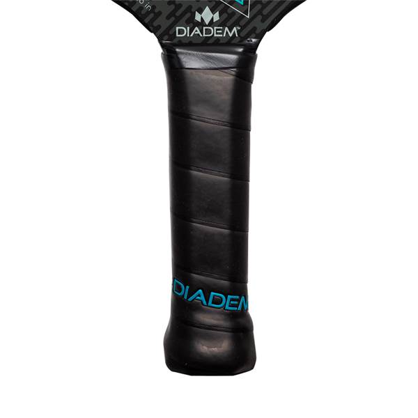 Close-up of a black pickleball paddle grip with blue DIADEM text and a textured surface.