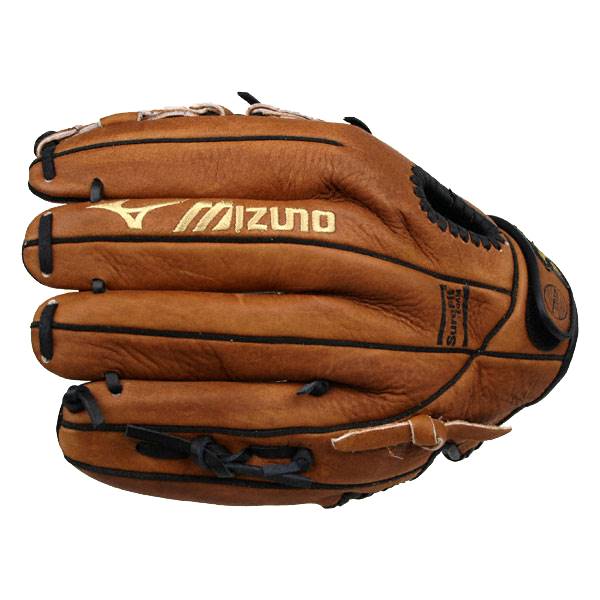 Front view of a brown Mizuno fastpitch mitt with gold branding and black lacing.