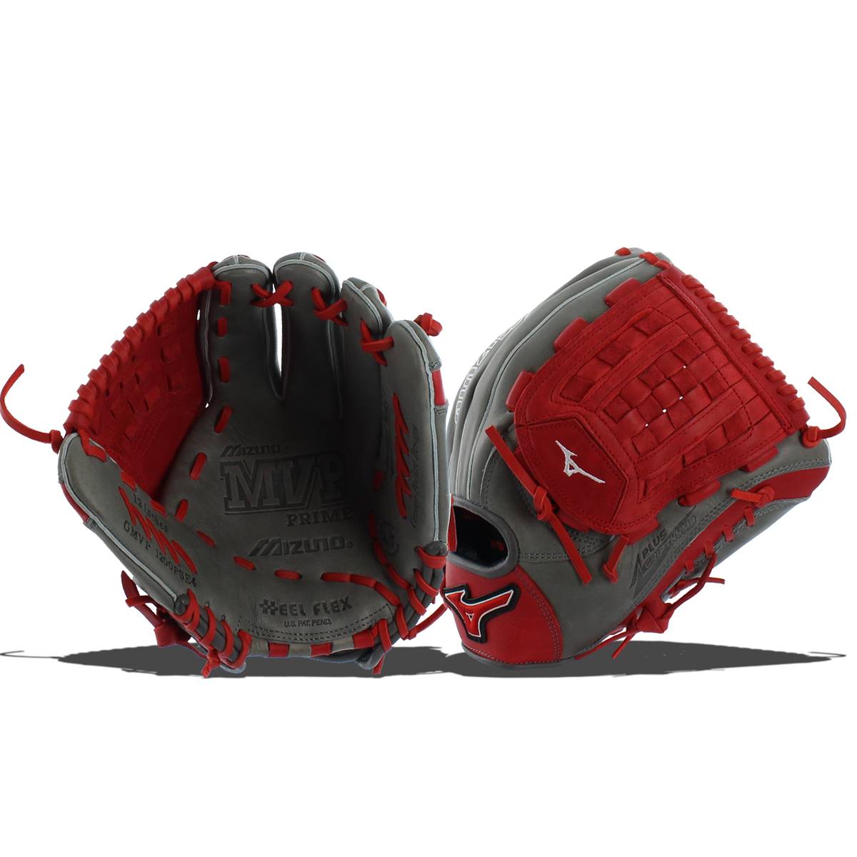 Interior view of a smoke and red baseball glove with Mizuno MVP Prime text and red lacing.
