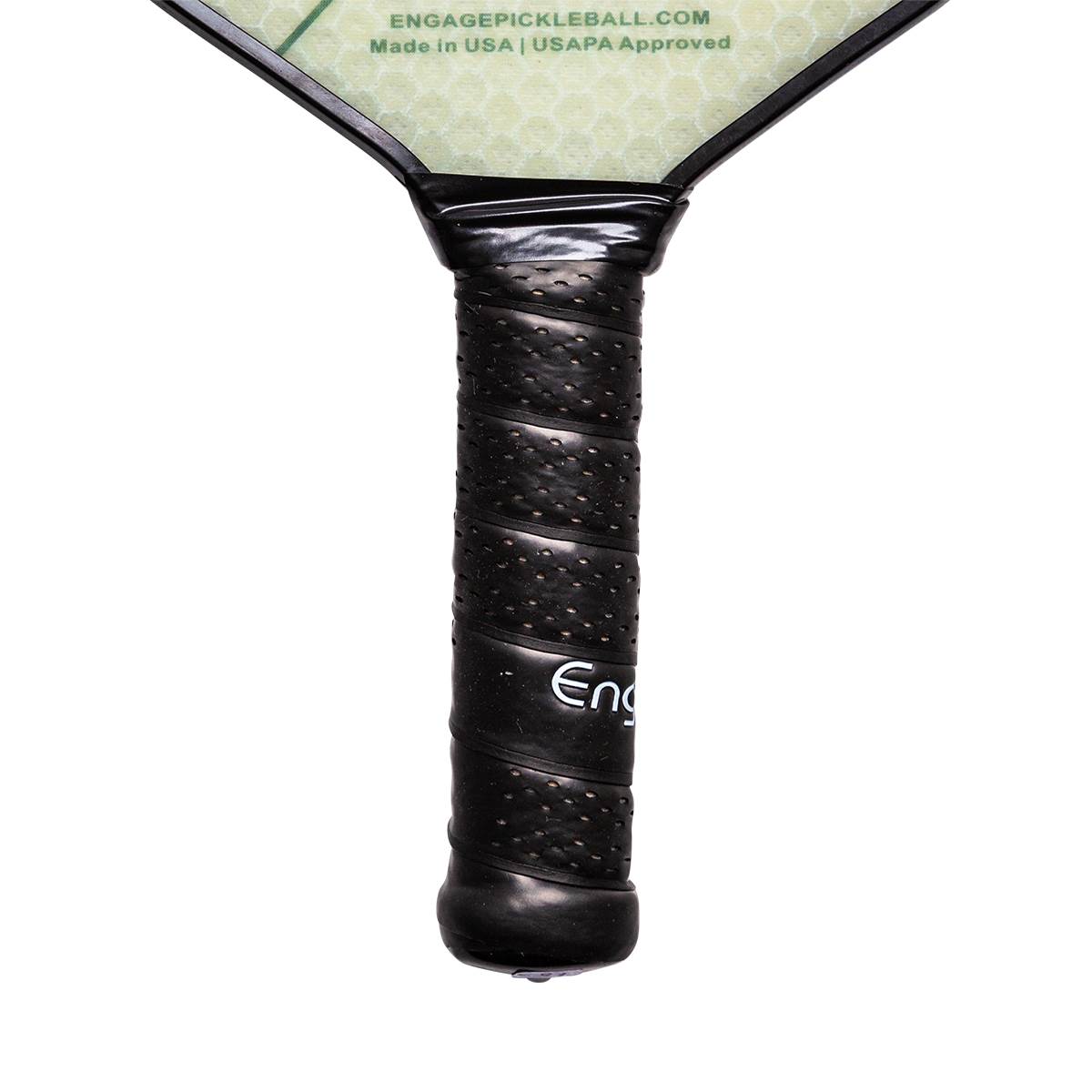 Close-up of a black pickleball paddle grip with textured pattern and Engage logo.